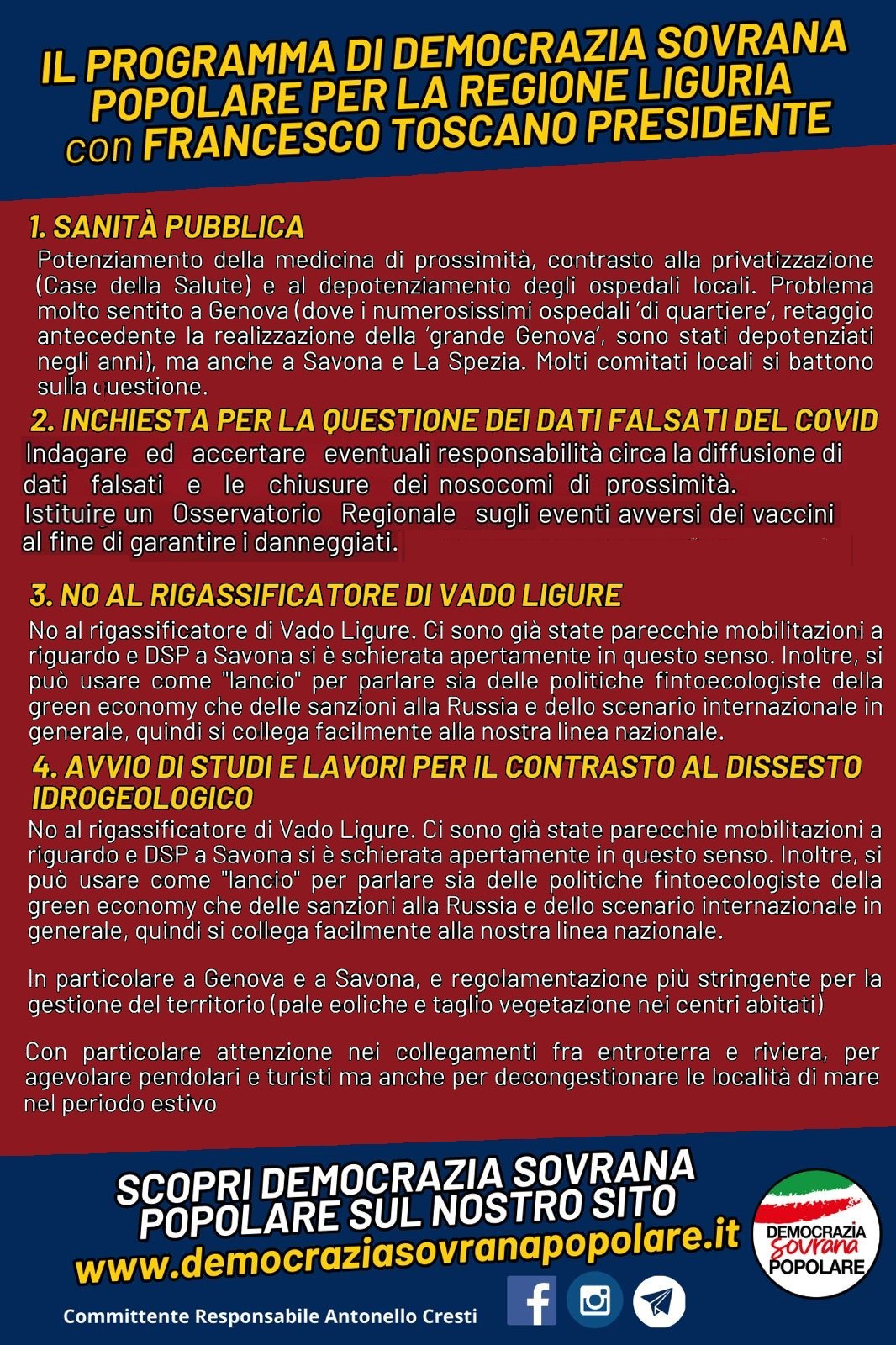 ELEZIONI REGIONALI LIGURIA - IL PROGRAMMA 